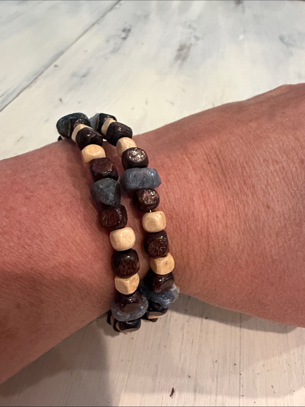 Double-Strand Beaded wrap Bracelet with sapphires, wooden Brown & Cream beads